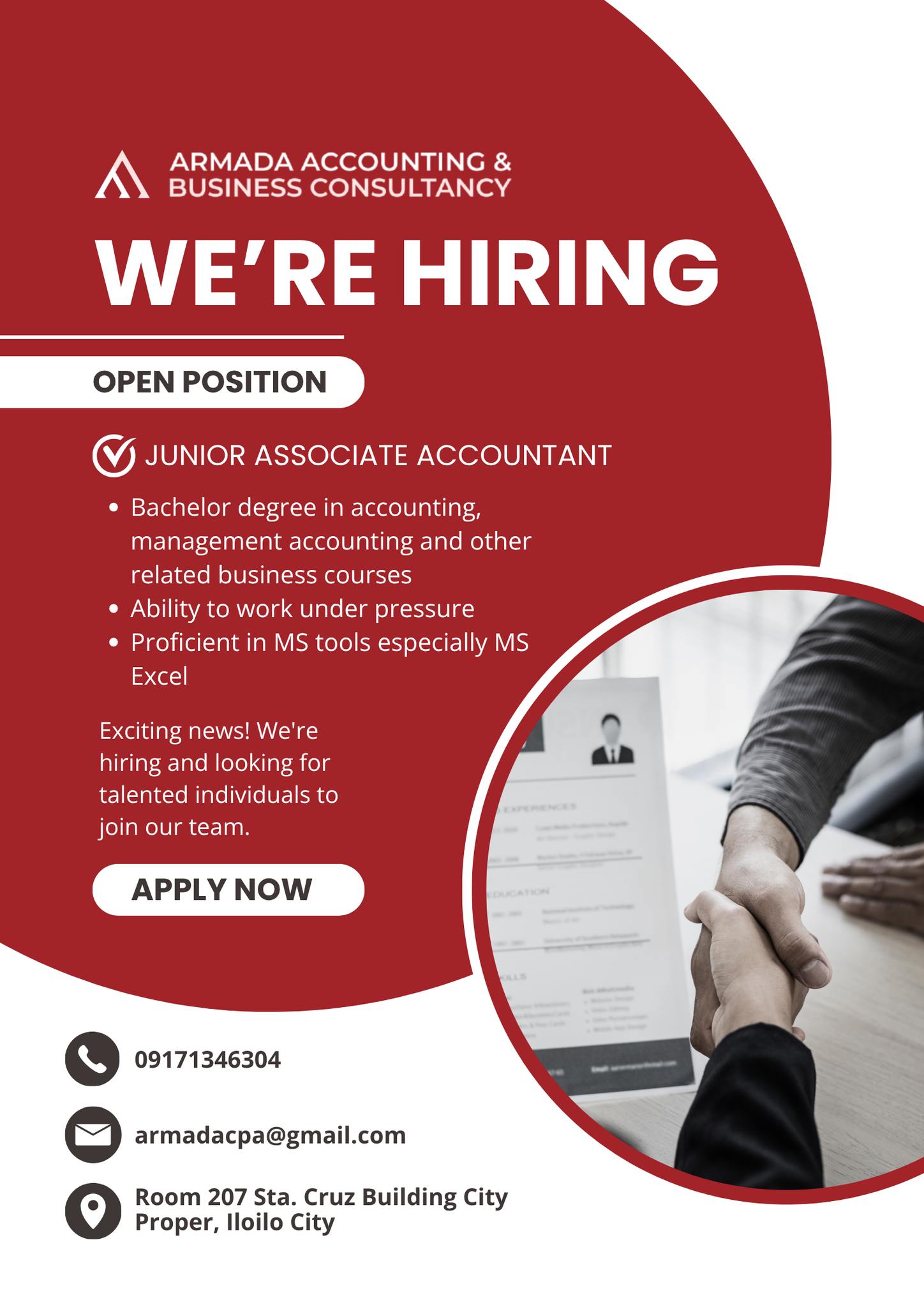 We're Hiring: Junior Associate Accountant at Armada Accounting. Requirements: Bachelor's degree in accounting, ability to work under pressure, proficient in MS Excel.
